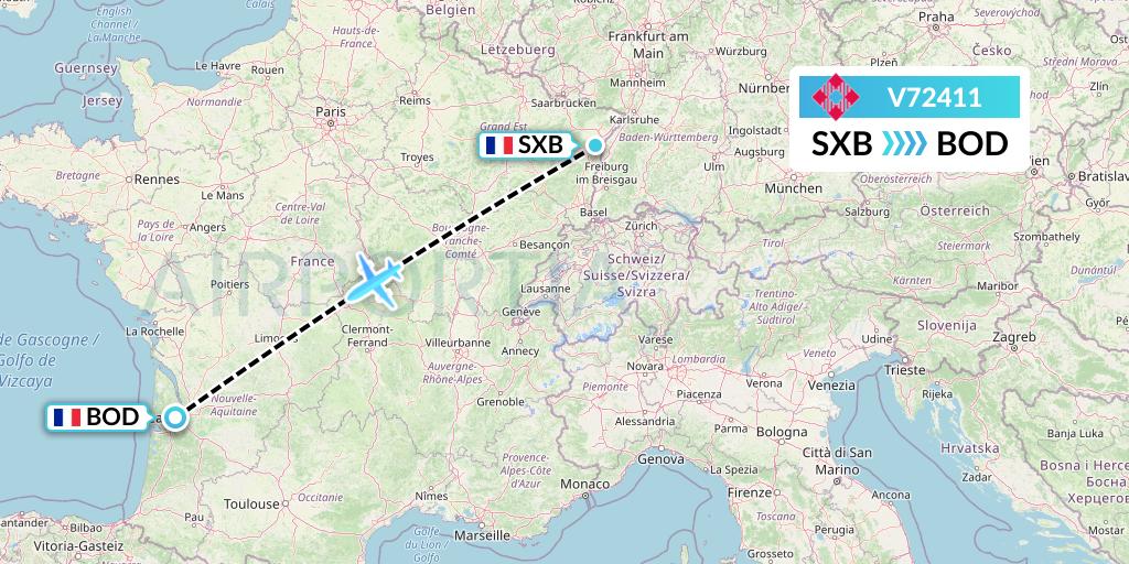 V72411 Volotea Flight Map: Strasbourg to Bordeaux