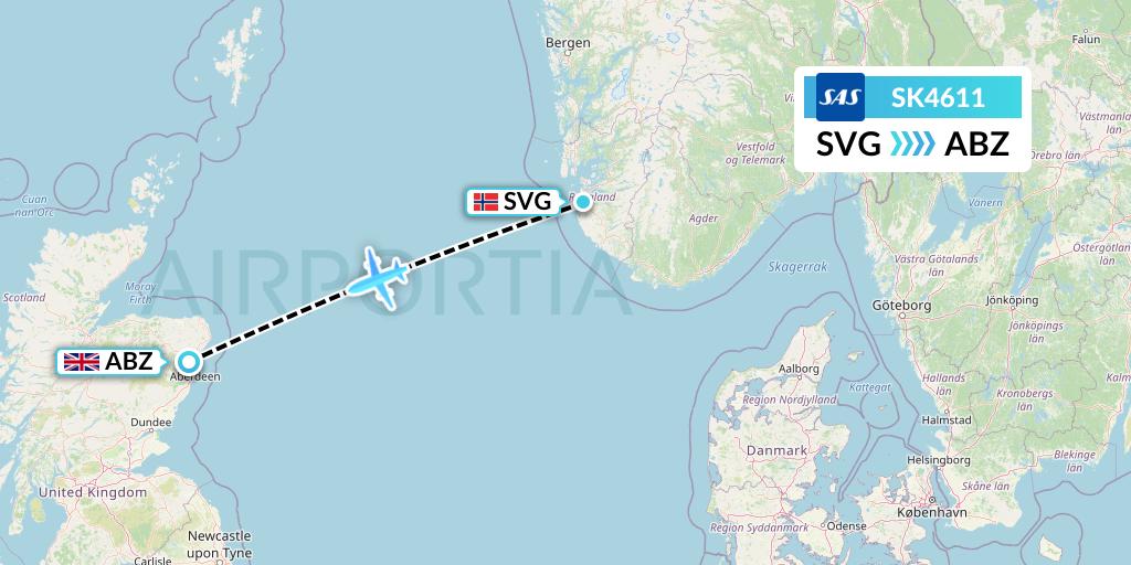 SK4611 SAS Flight Map: Stavanger to Aberdeen