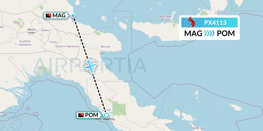 PX4113 Air Niugini Flight Map: Madang to Port Moresby