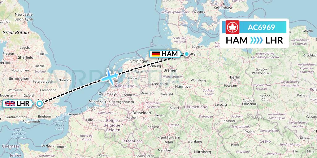 AC6969 Air Canada Flight Map: Hamburg to London