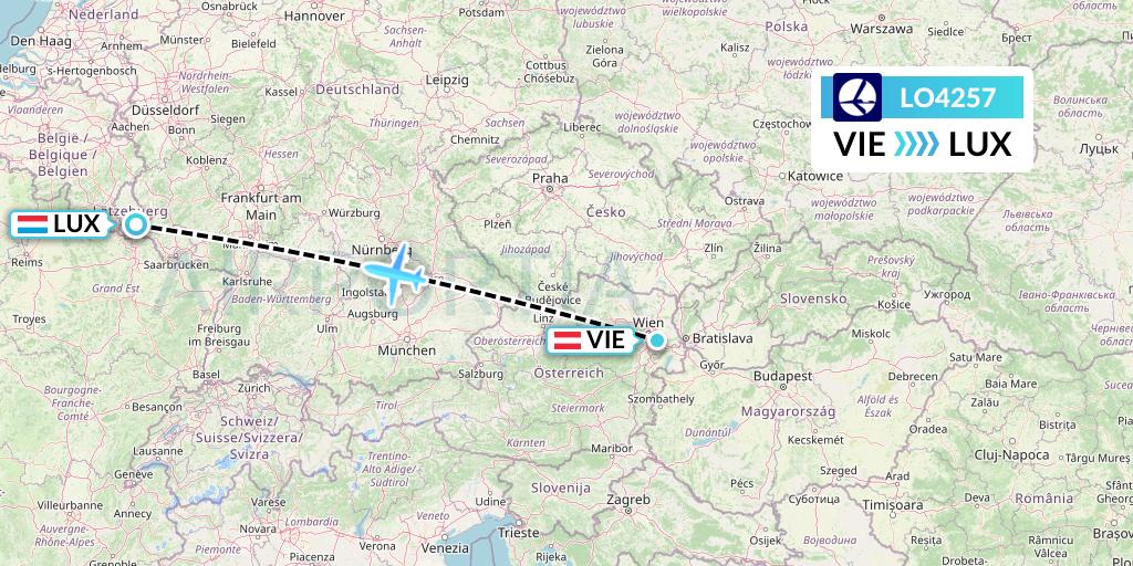 LO4257 LOT Flight Map: Vienna to Luxembourg