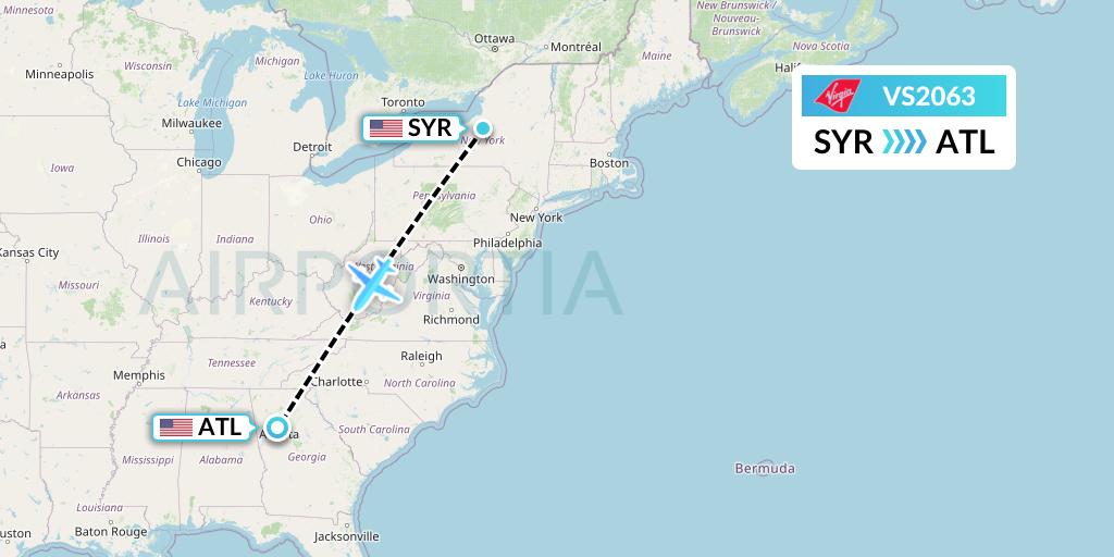 VS2063 Virgin Atlantic Airways Flight Map: Syracuse to Atlanta