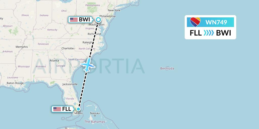 WN749 Southwest Airlines Flight Map: Fort Lauderdale to Baltimore