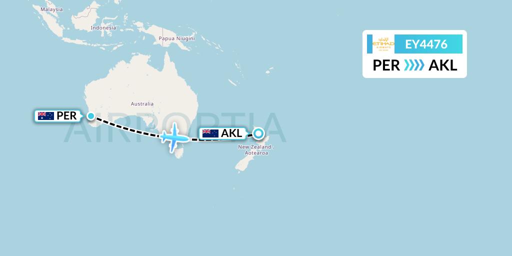 EY4476 Etihad Airways Flight Map: Perth to Auckland