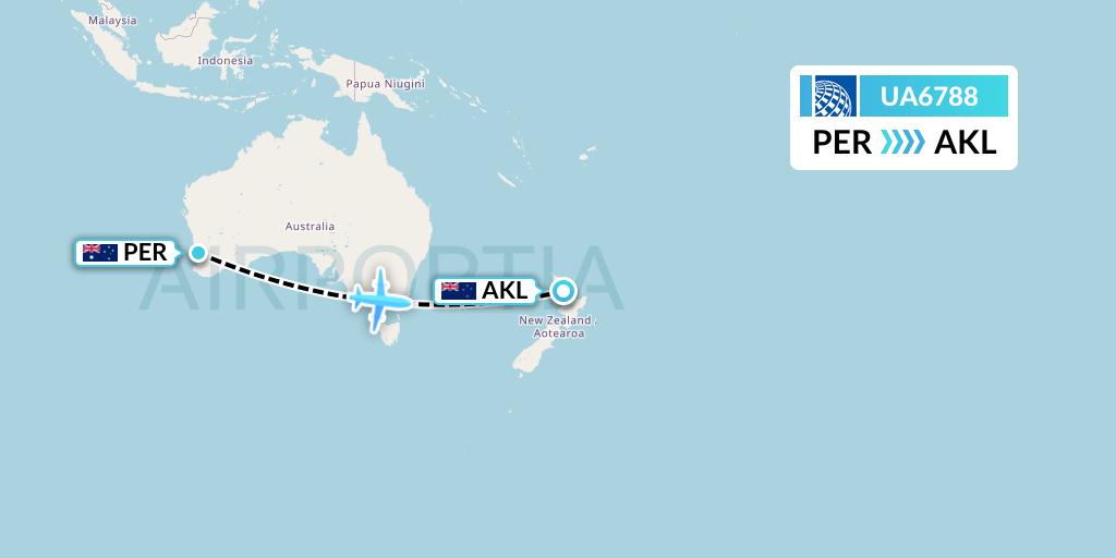 UA6788 United Airlines Flight Map: Perth to Auckland