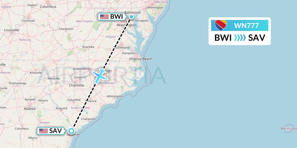 WN777 Southwest Airlines Flight Map: Baltimore to Savannah