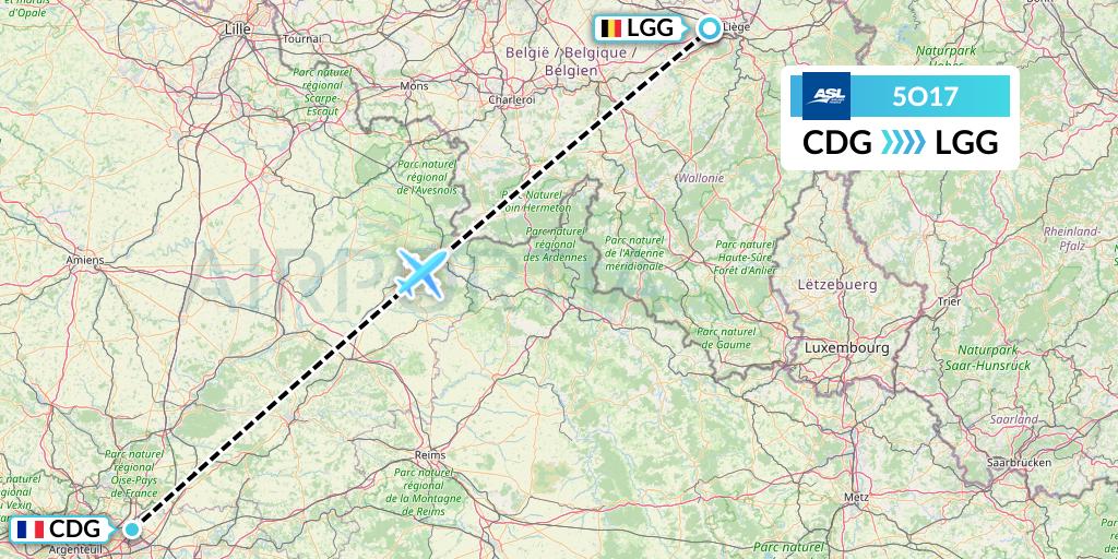 5O17 ASL Airlines France Flight Map: Paris to Liege