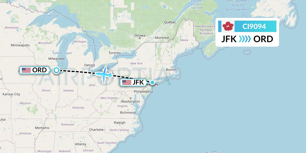 CI9094 China Airlines Flight Map: New York to Chicago