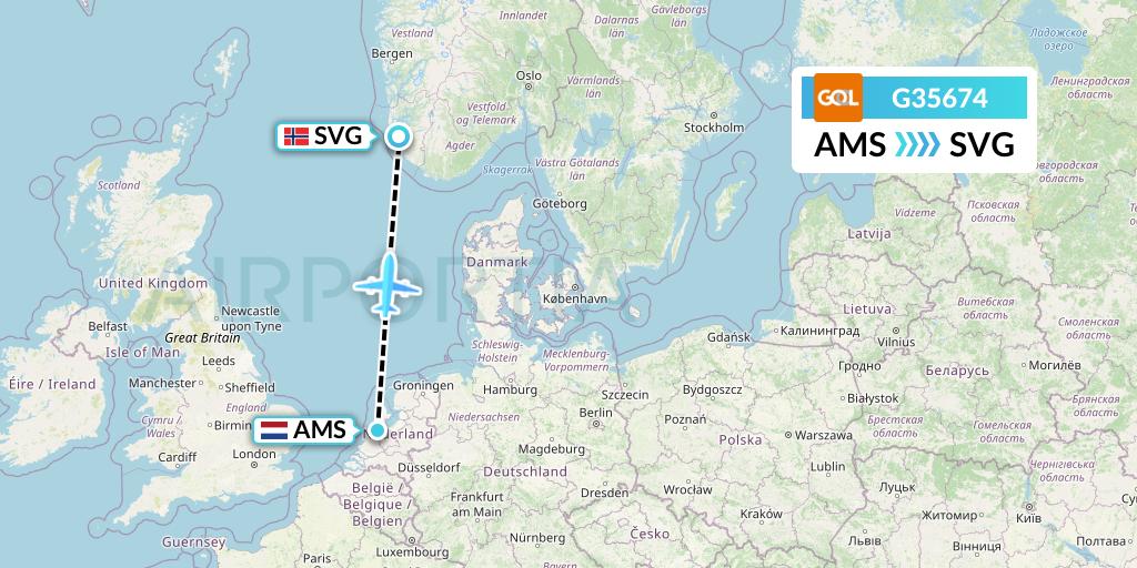 G35674 GOL Transportes Aeros Flight Map: Amsterdam to Stavanger
