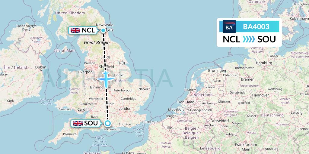 BA4003 British Airways Flight Map: Newcastle to Southampton