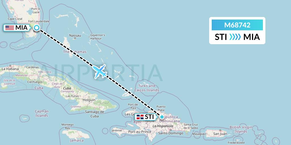 M68742 Amerijet International Flight Map: Santiago de los Caballeros to Miami