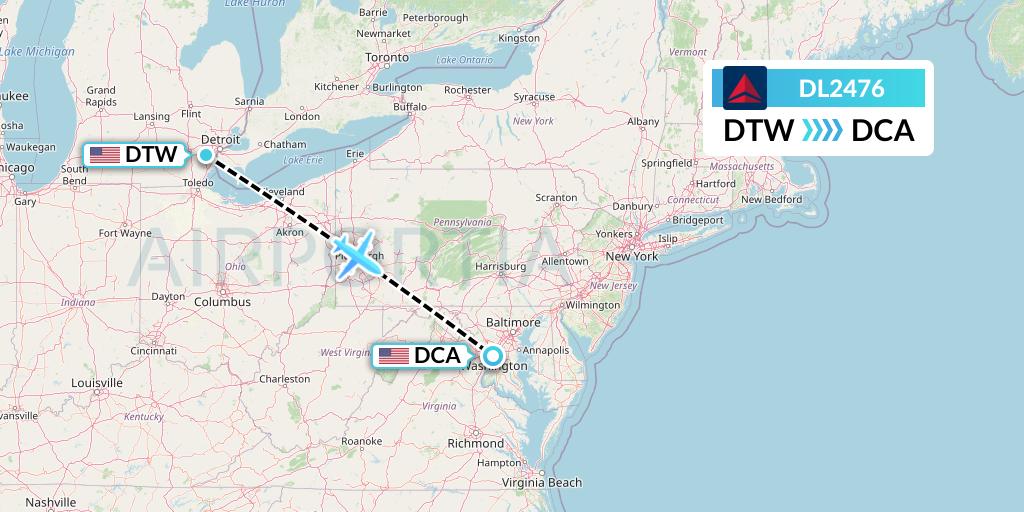 DL2476 Delta Air Lines Flight Map: Detroit to Washington