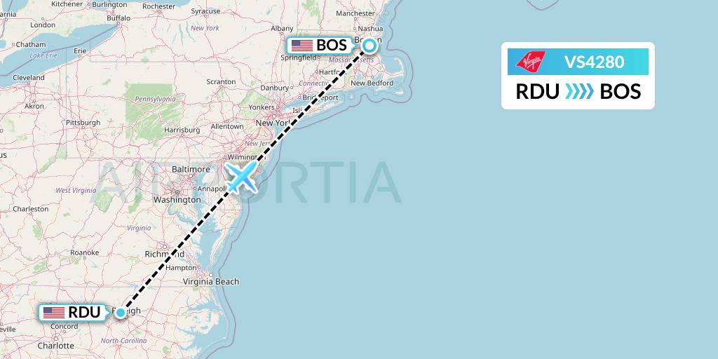 VS4280 Virgin Atlantic Airways Flight Map: Raleigh-Durham to Boston