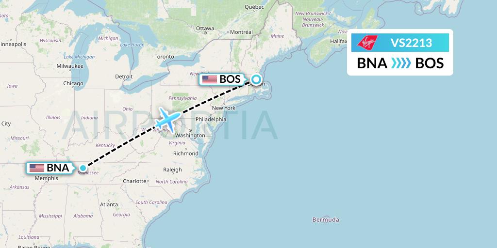 VS2213 Virgin Atlantic Airways Flight Map: Nashville to Boston