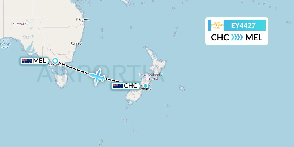 EY4427 Etihad Airways Flight Map: Christchurch to Melbourne