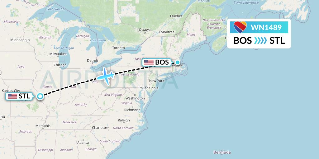 WN1489 Southwest Airlines Flight Map: Boston to St. Louis