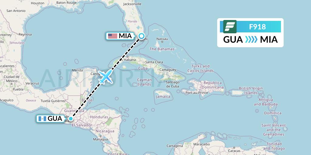 F918 Frontier Airlines Flight Map: Guatemala City to Miami