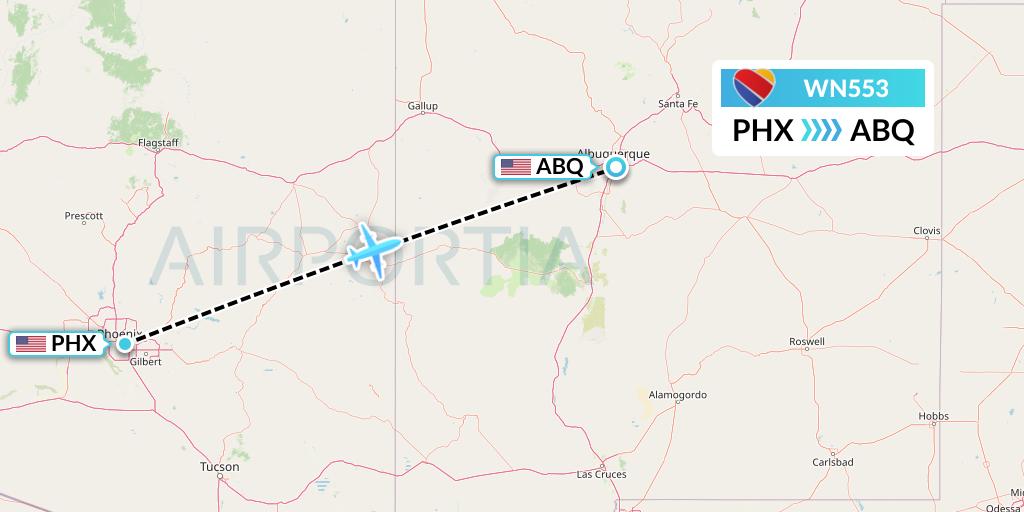 WN553 Southwest Airlines Flight Map: Phoenix to Albuquerque