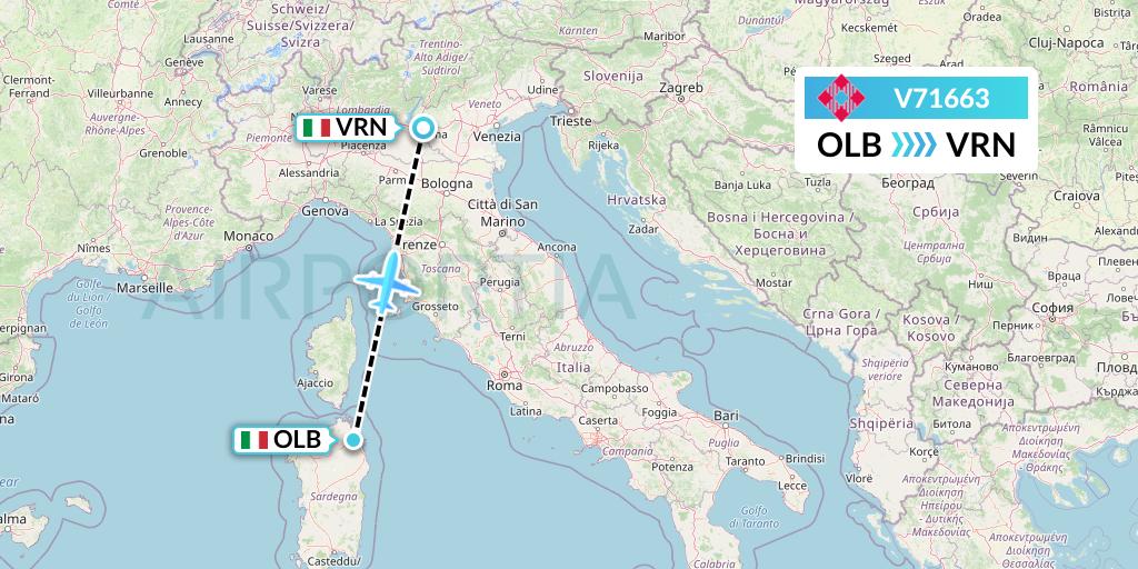 V71663 Volotea Flight Map: Olbia to Verona