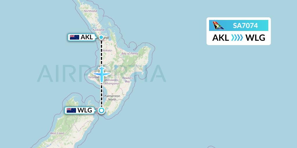 SA7074 South African Airways Flight Map: Auckland to Wellington