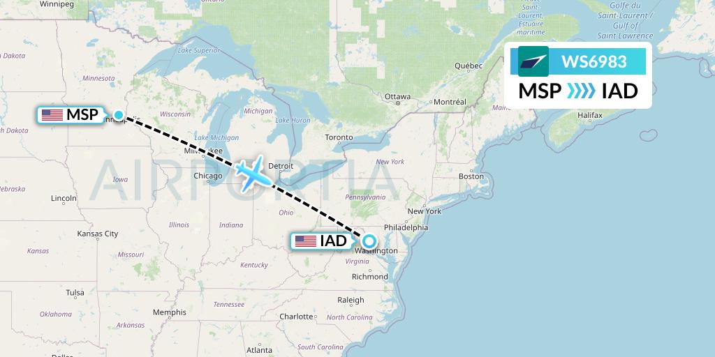 WS6983 WestJet Flight Map: Minneapolis to Washington