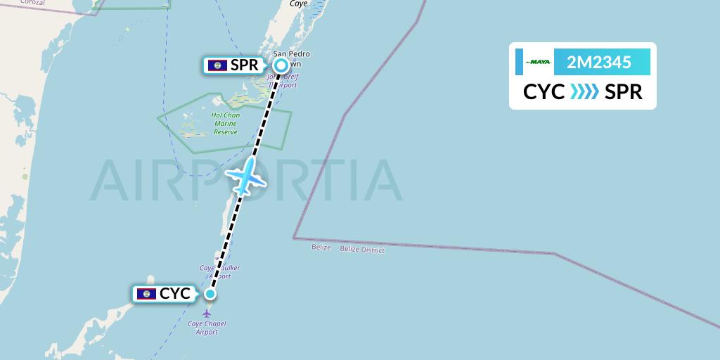 2M2345 Maya Island Air Flight Map: Caye Chapel to San Pedro