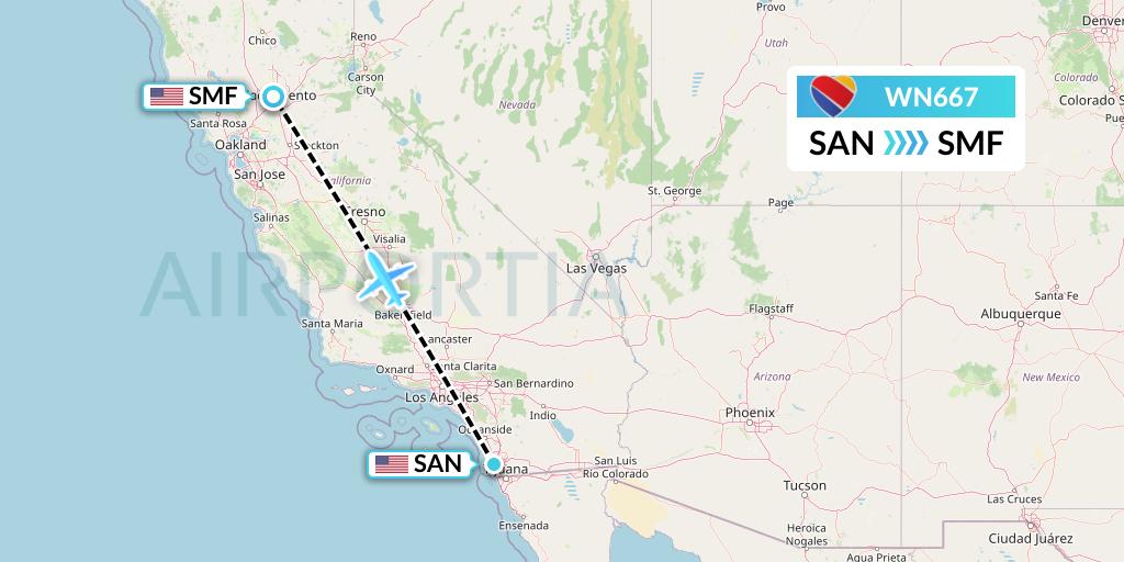 WN667 Southwest Airlines Flight Map: San Diego to Sacramento
