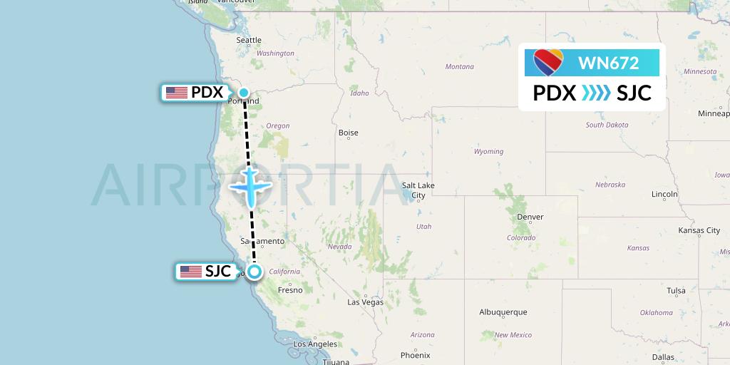 WN672 Southwest Airlines Flight Map: Portland to San Jose