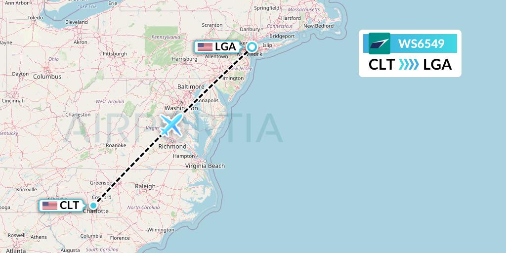 WS6549 WestJet Flight Map: Charlotte to New York