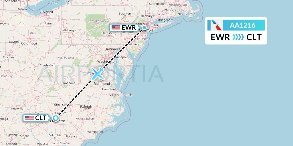 AA1216 American Airlines Flight Map: New York to Charlotte