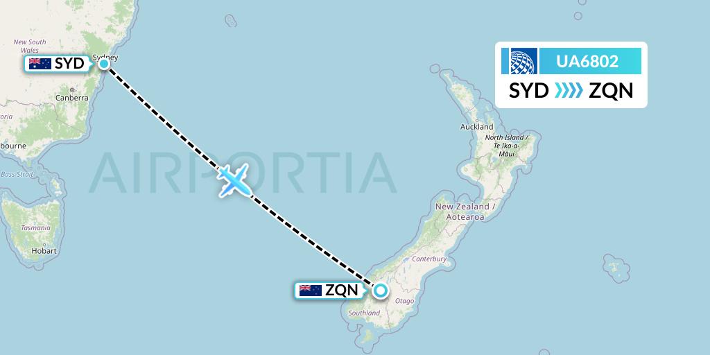 UA6802 United Airlines Flight Map: Sydney to Queenstown