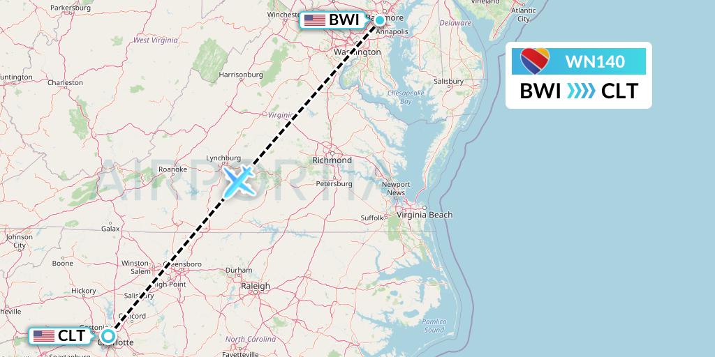 WN140 Southwest Airlines Flight Map: Baltimore to Charlotte