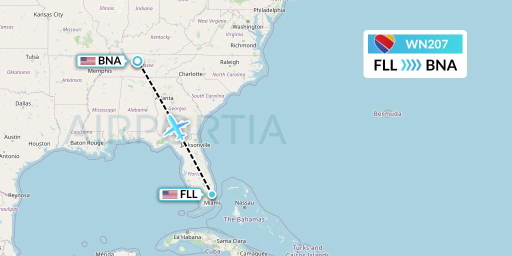WN207 Southwest Airlines Flight Map: Fort Lauderdale to Nashville
