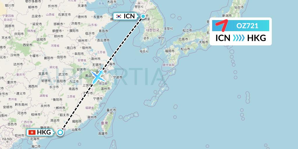 OZ721 Asiana Airlines Flight Map: Seoul to Hong Kong