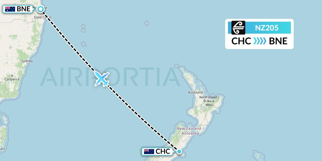NZ205 Air New Zealand Flight Map: Christchurch to Brisbane