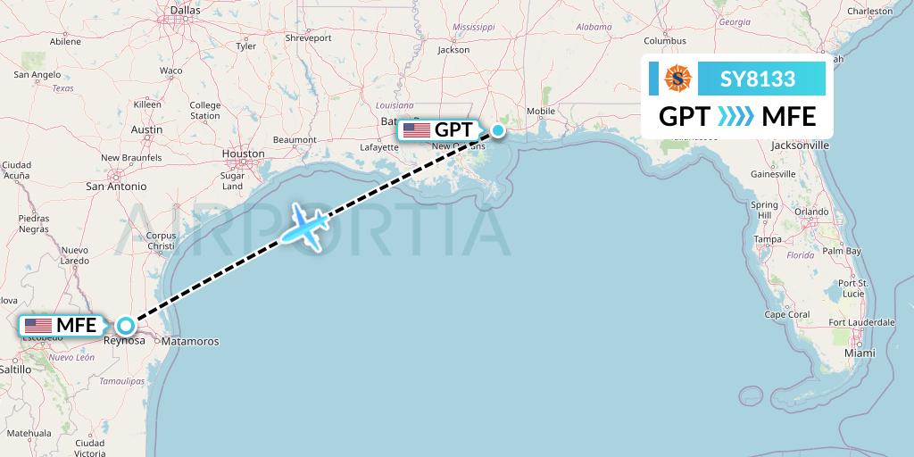 SY8133 Sun Country Airlines Flight Map: Gulfport to McAllen