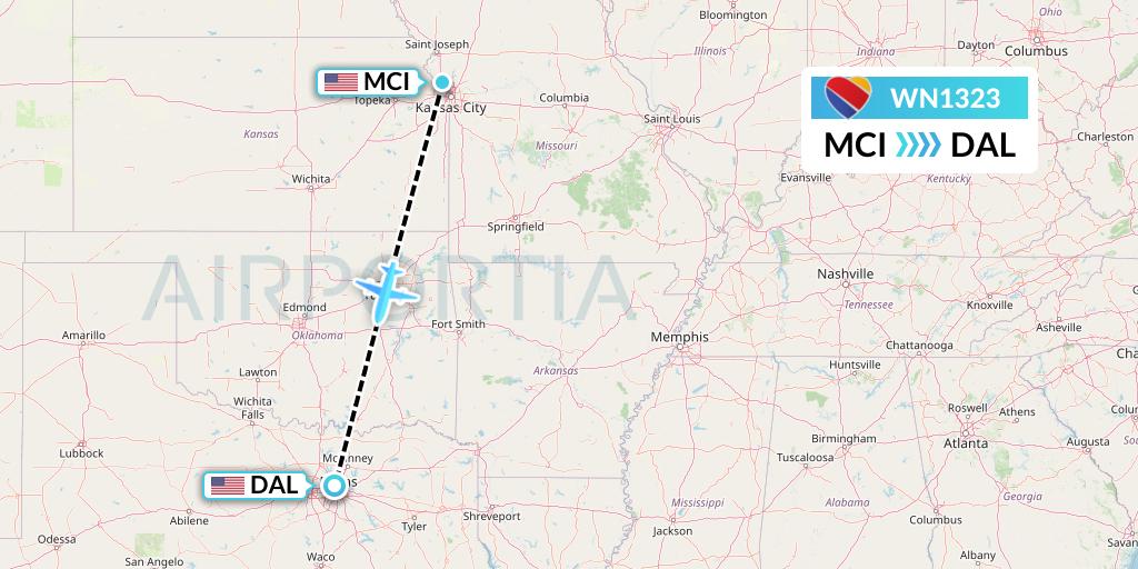 WN1323 Southwest Airlines Flight Map: Kansas City to Dallas