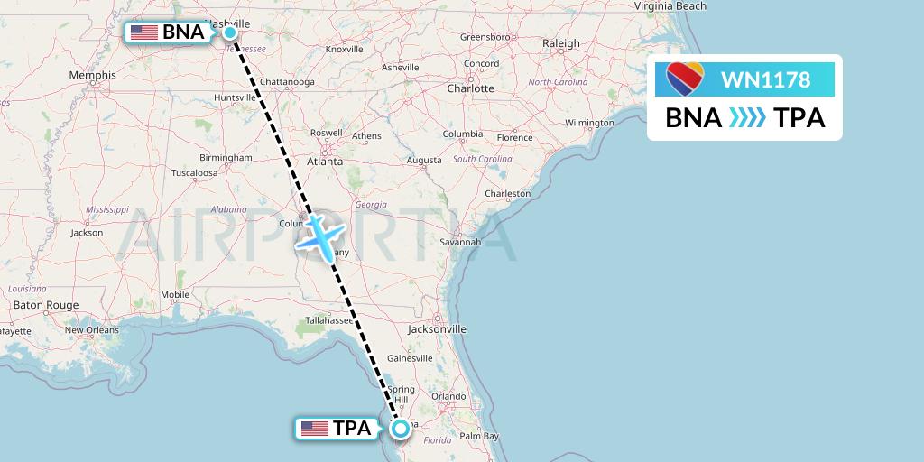 WN1178 Southwest Airlines Flight Map: Nashville to Tampa