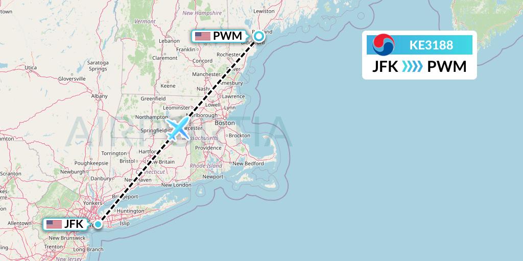 KE3188 Korean Air Flight Map: New York to Portland