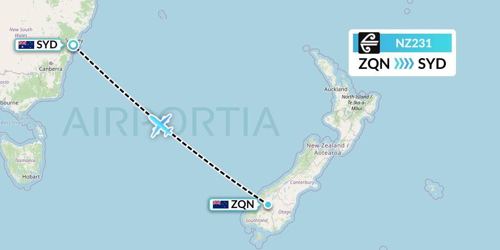 NZ231 Air New Zealand Flight Map: Queenstown to Sydney