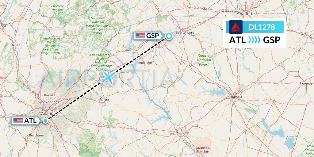DL1278 Delta Air Lines Flight Map: Atlanta to Greenville-Spartanburg