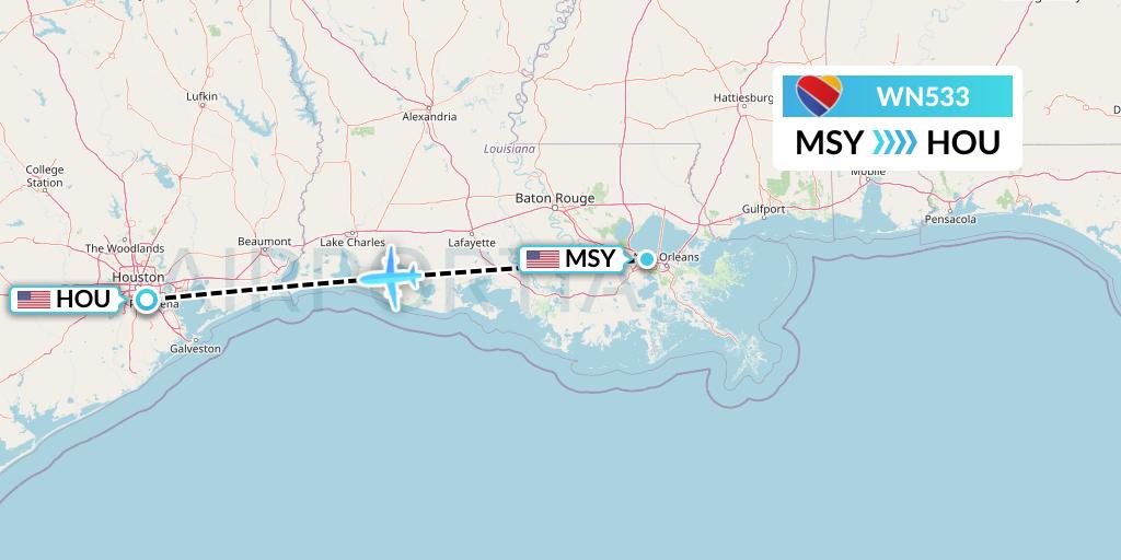 WN533 Southwest Airlines Flight Map: New Orleans to Houston