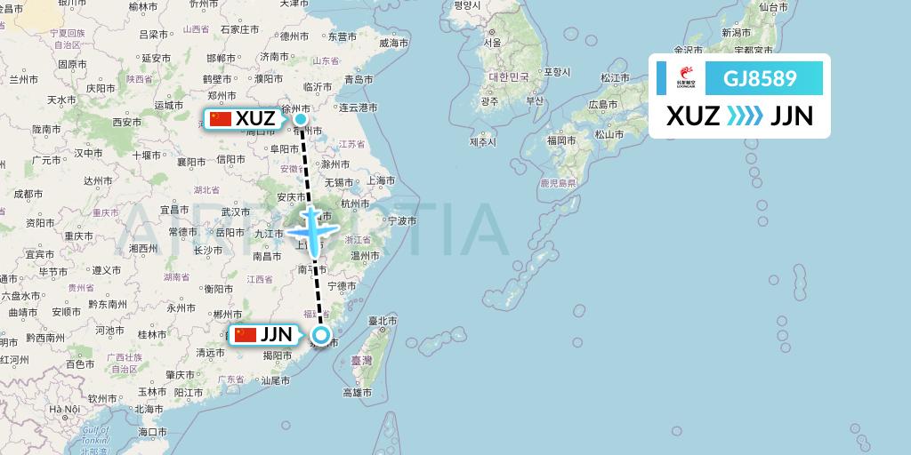 GJ8589 Loong Airlines Flight Map: Xuzhou to Jinjiang