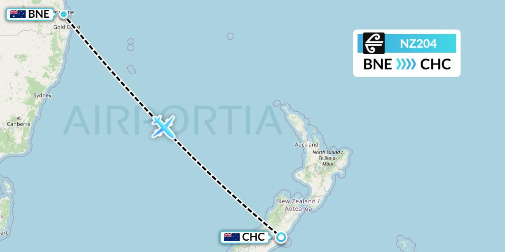 NZ204 Air New Zealand Flight Map: Brisbane to Christchurch