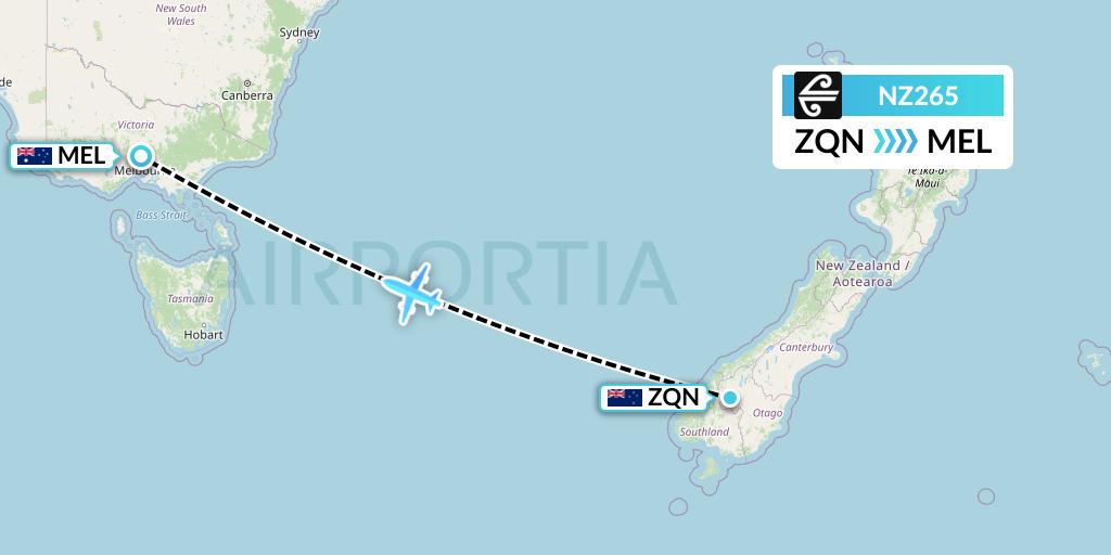 NZ265 Air New Zealand Flight Map: Queenstown to Melbourne