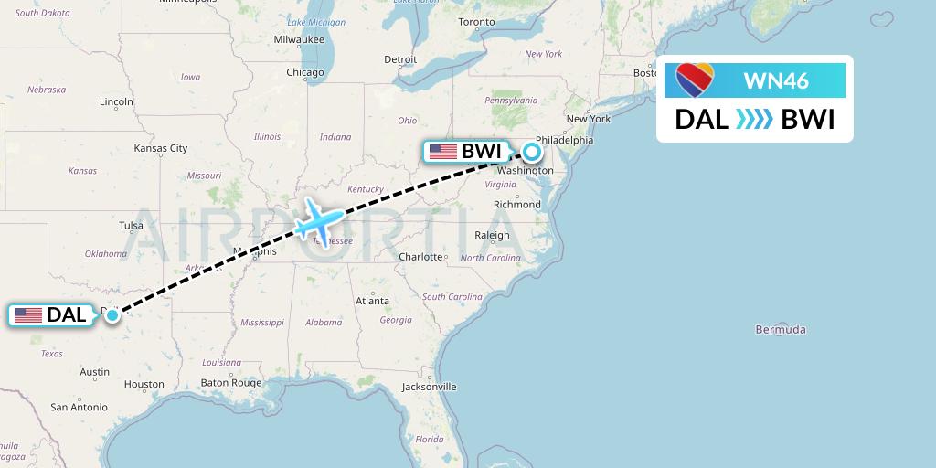 WN46 Southwest Airlines Flight Map: Dallas to Baltimore