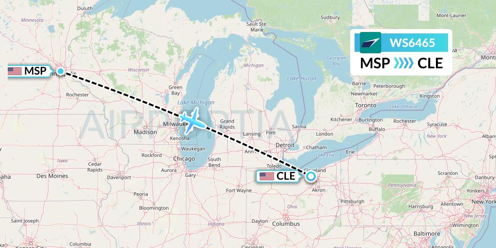 WS6465 WestJet Flight Map: Minneapolis to Cleveland