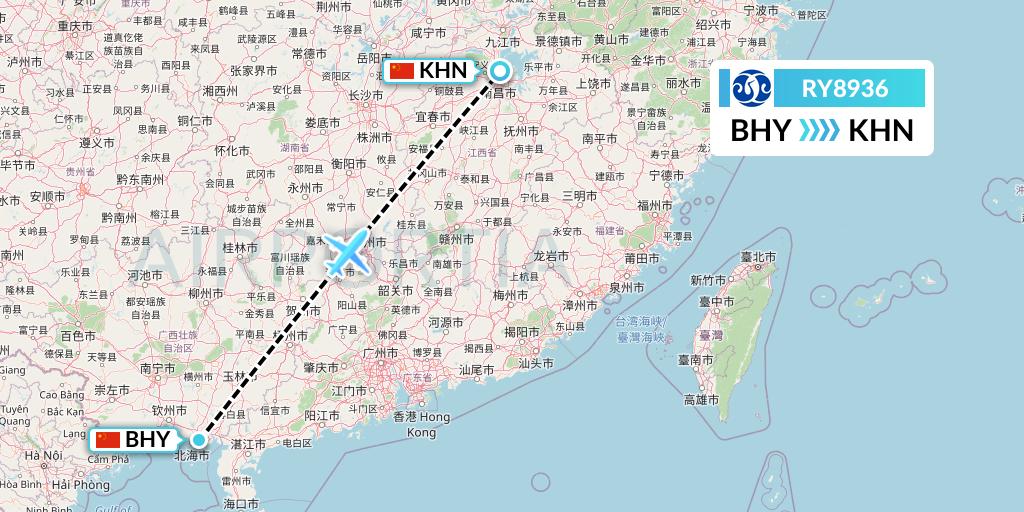 RY8936 Jiangxi Air Flight Map: Beihai to Nanchang