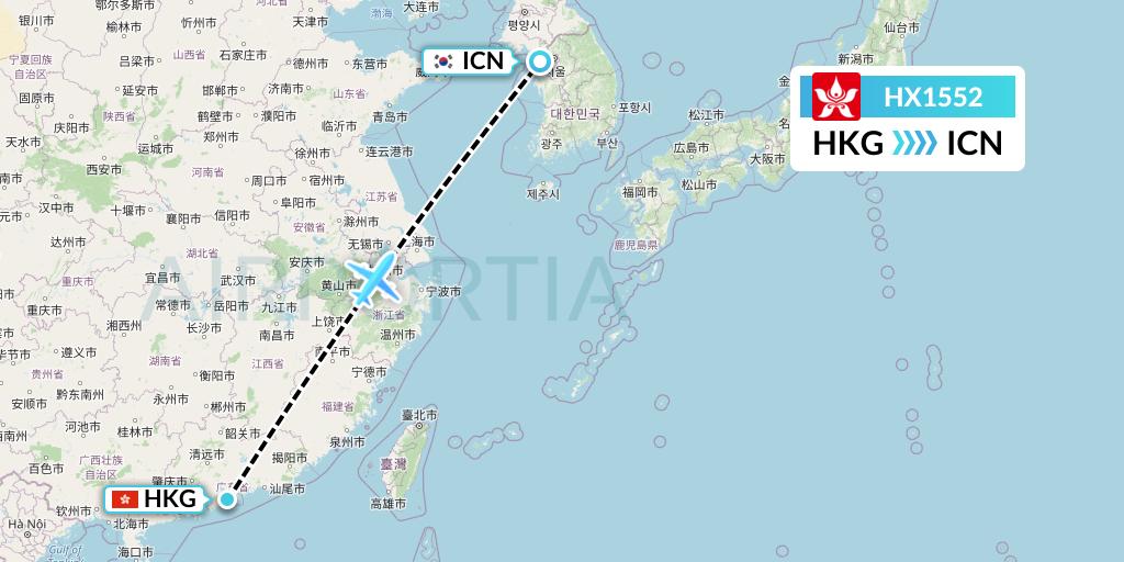 HX1552 Hong Kong Airlines Flight Map: Hong Kong to Seoul