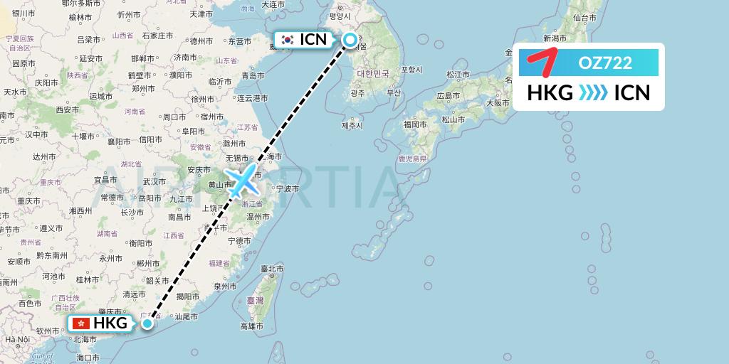 OZ722 Asiana Airlines Flight Map: Hong Kong to Seoul
